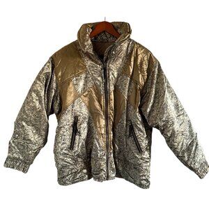 Vintage Edelweiss Skiwear Metallic Gold Paisley Ski Jacket M 80s 90s Retro Puffe